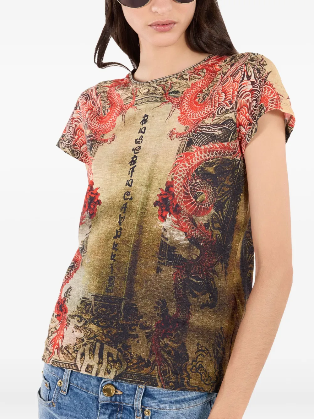 Roberto Cavalli Cotton T-shirt With Oriental Print In Multi