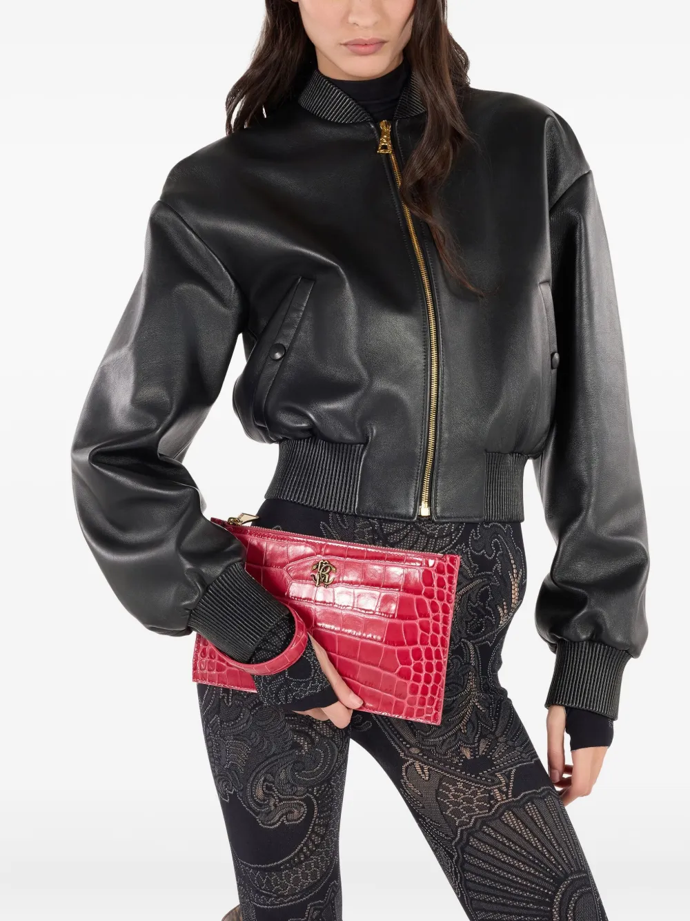 Roberto Cavalli Clutch met krokodillen-reliëf en logoplakkaat Roze