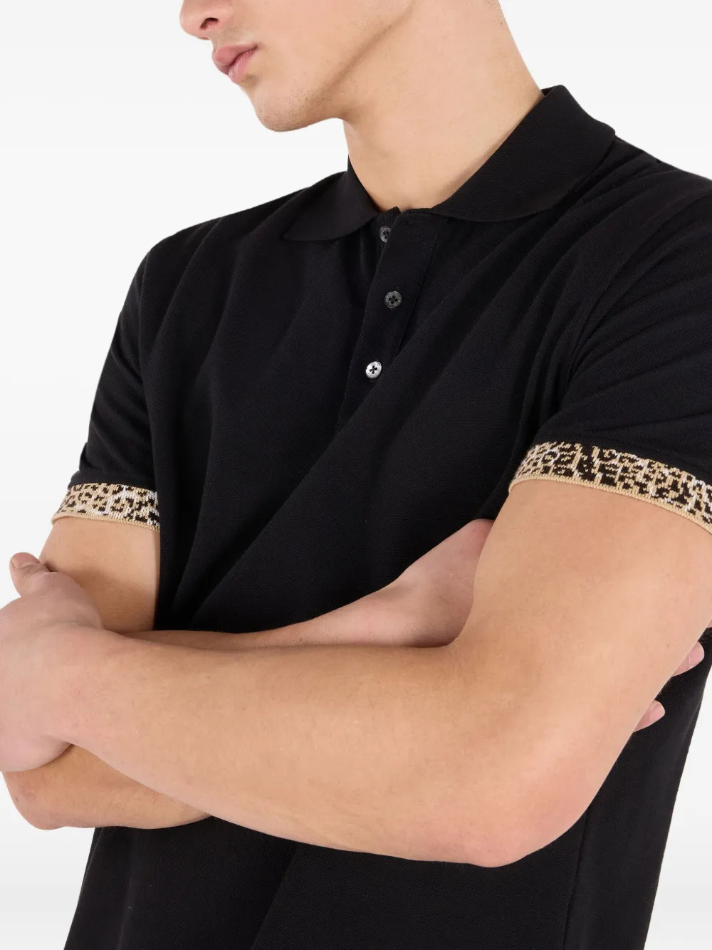 Roberto Cavalli Poloshirt met jaguarprint en cuffs Zwart