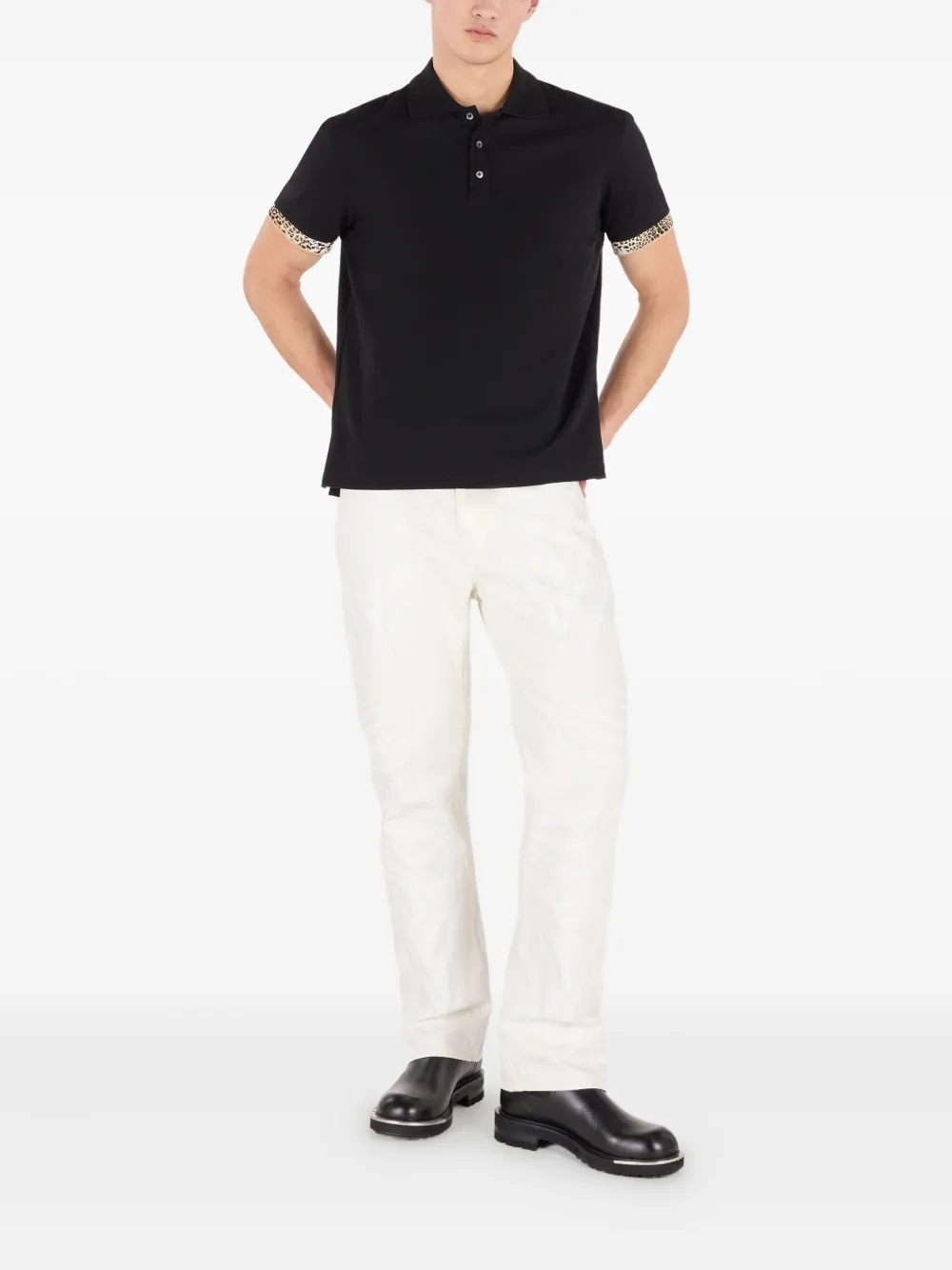 Roberto Cavalli Poloshirt met jaguarprint en cuffs Zwart