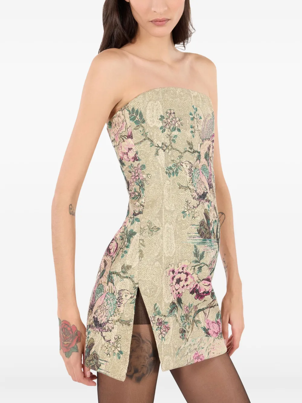 Roberto Cavalli Strapless Floral-embroidered Mini Dress In Neutral