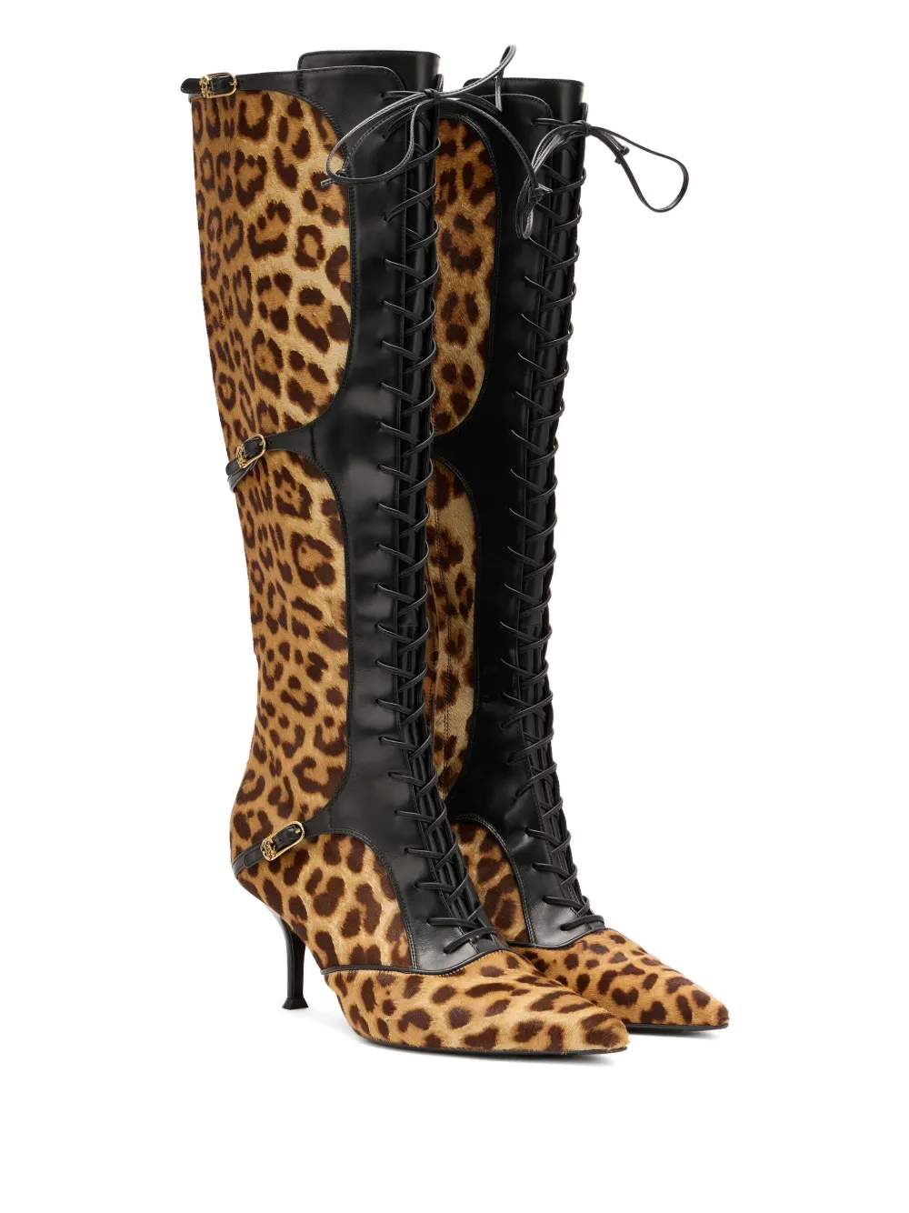 Roberto Cavalli Pointed Lace-up Boots With Leopard Skin In Brown