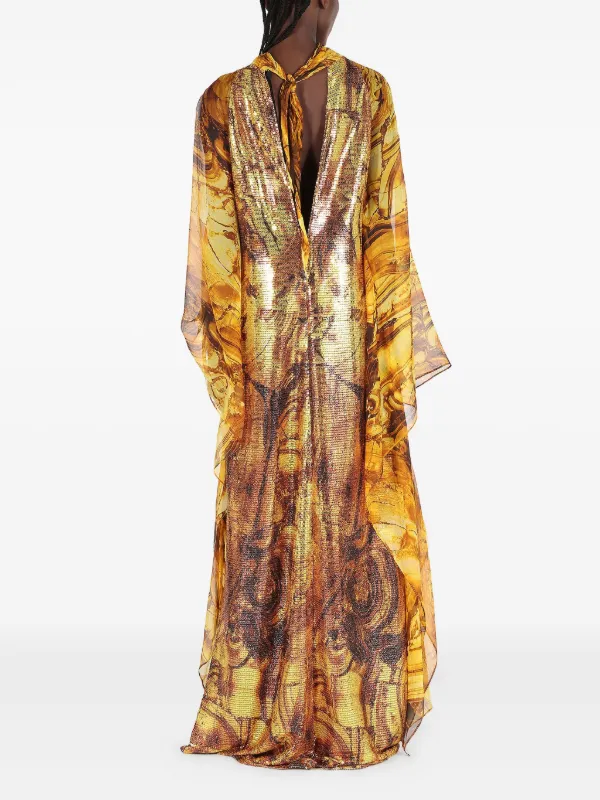 Roberto Cavalli Silk Caftan Dress With Amber Print Sequins - Women Luxury Ready To Wear Yellow 38