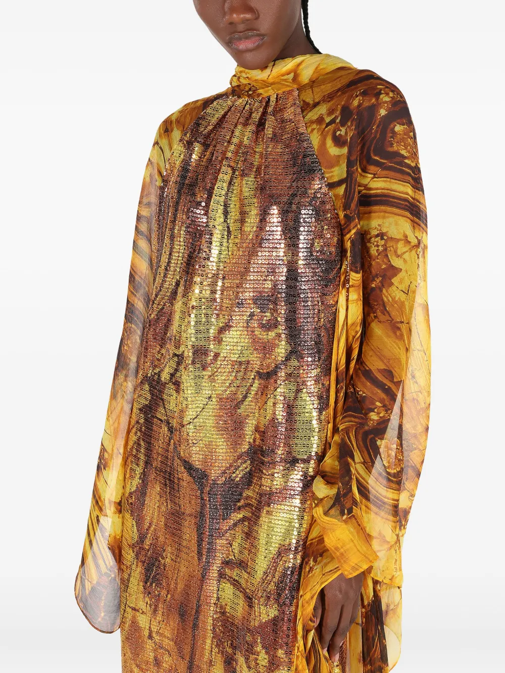 Roberto Cavalli Maxi-jurk verfraaid met pailletten en amberprint Geel