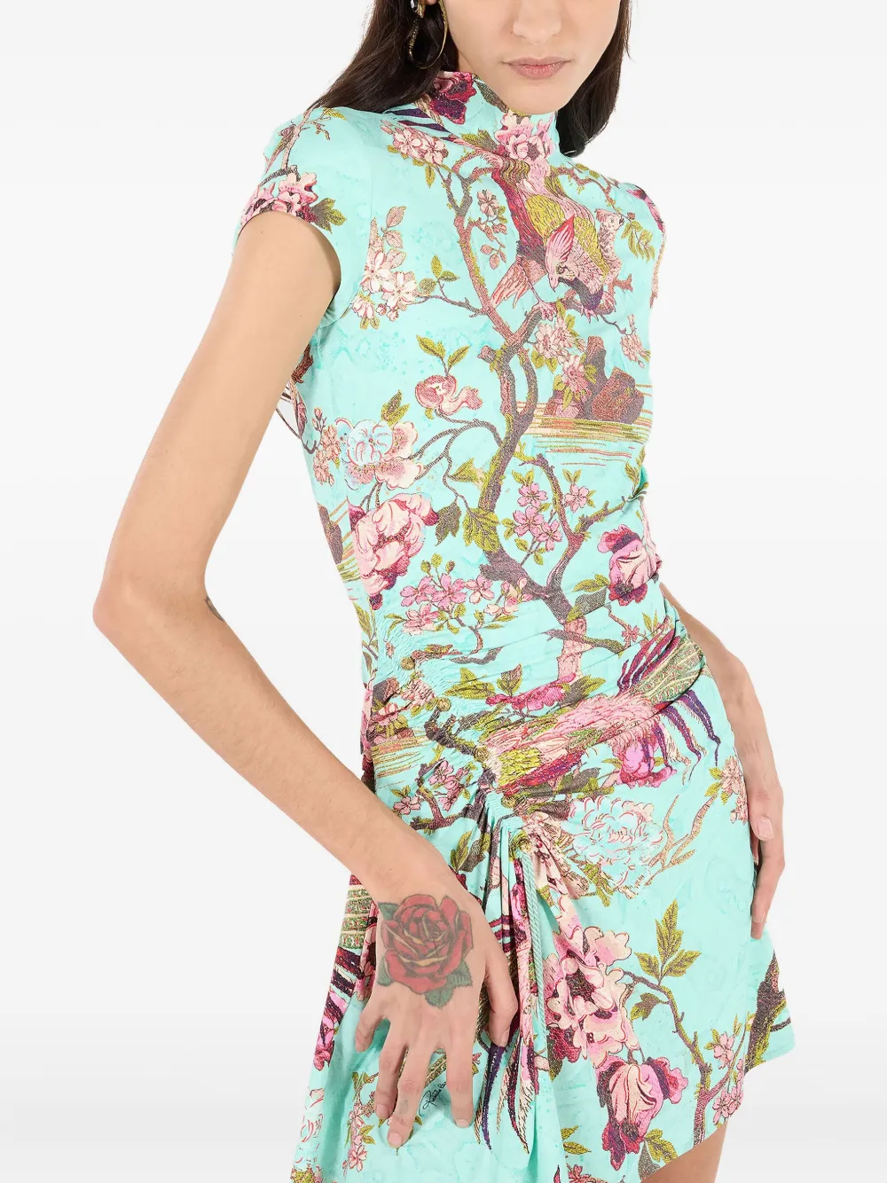 Roberto Cavalli Mini Dress With Naturalistic Pattern In Blue