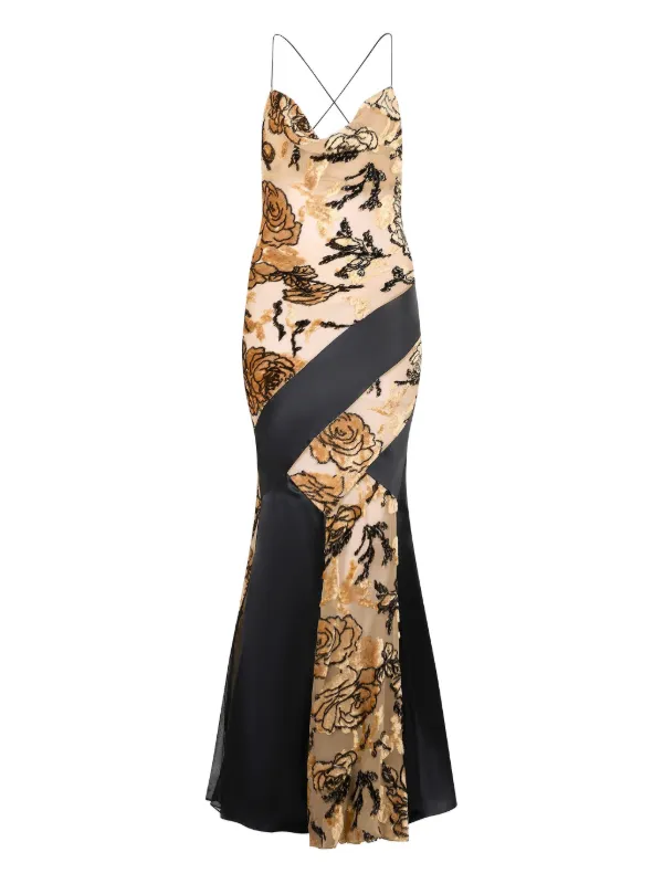 just cavalli evening dresses Just Cavalli Spaghetti Strap Gown Navy Metallic Floral Print Satin Siz –  Celebrity Owned