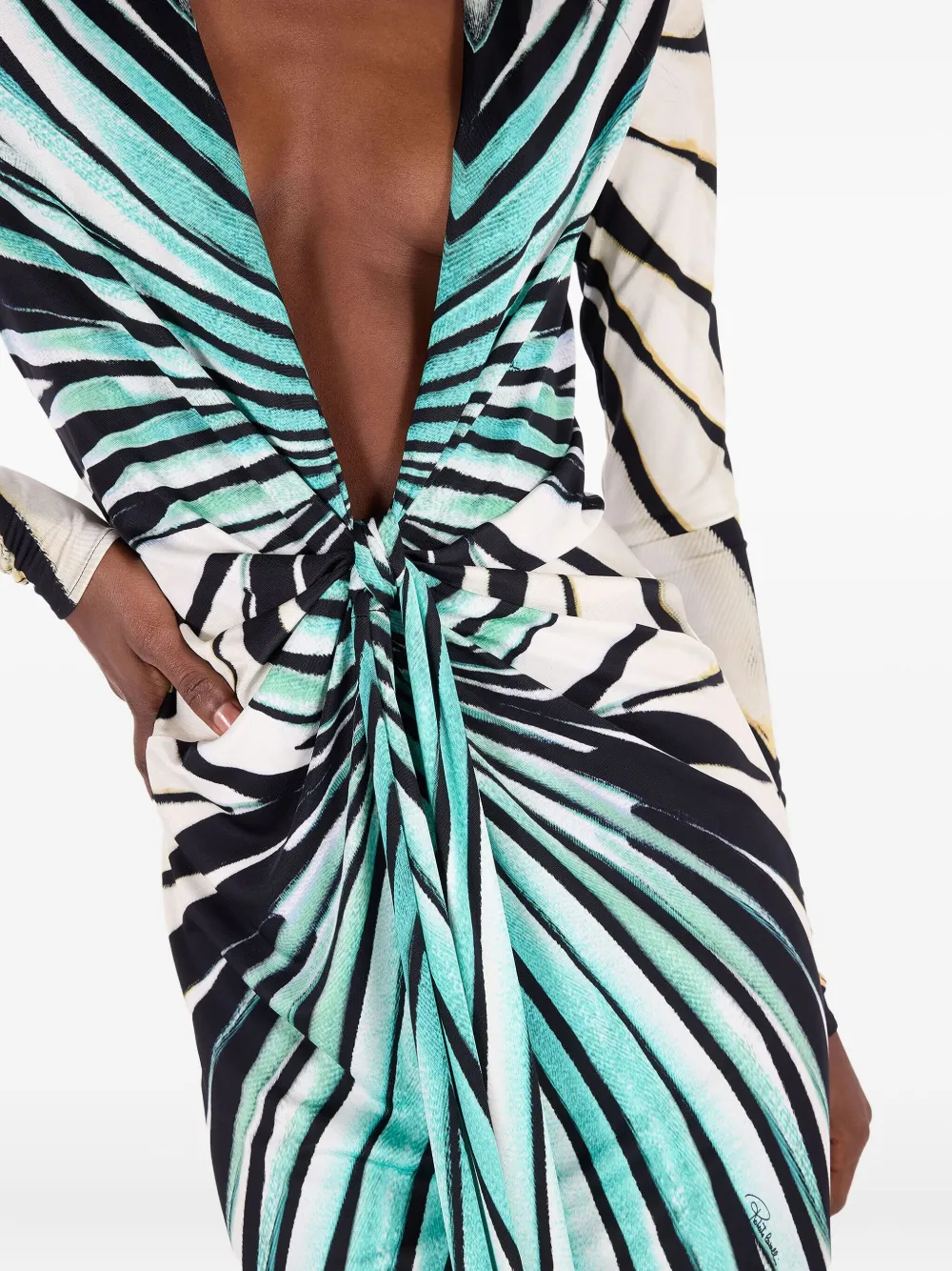 Roberto Cavalli Avondjurk met watervalhals en print Blauw