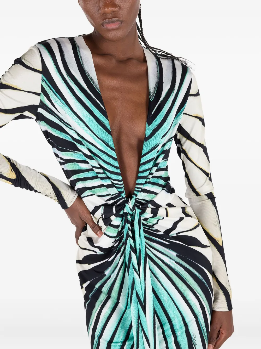 Roberto Cavalli Avondjurk met watervalhals en print Blauw
