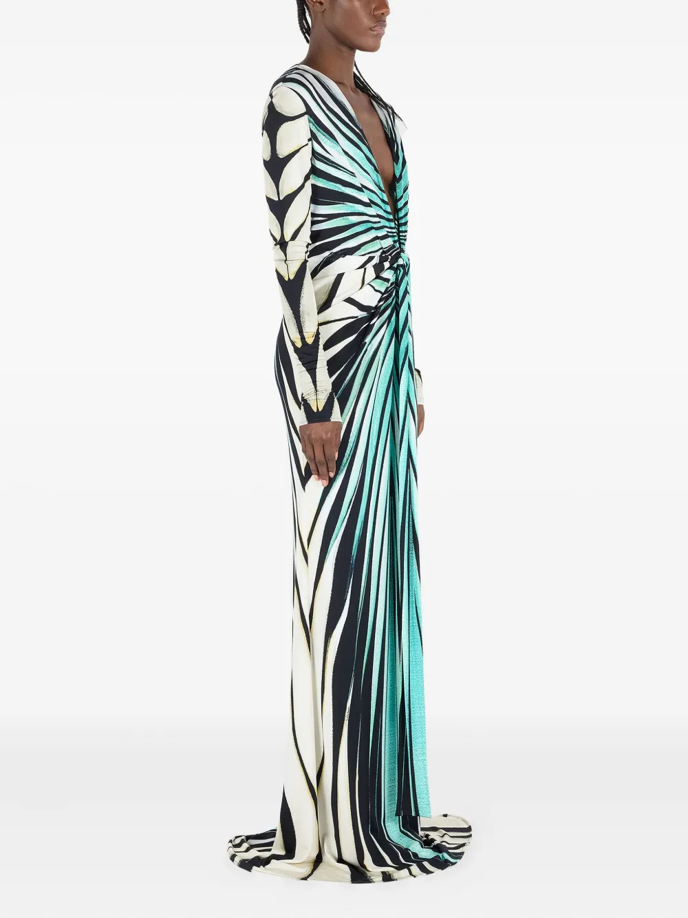 Roberto Cavalli Avondjurk met watervalhals en print Blauw