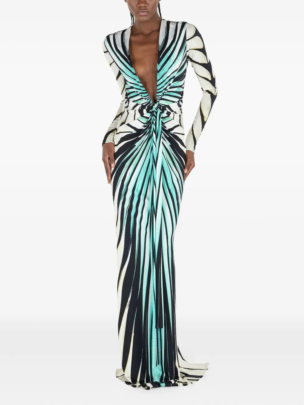 Roberto Cavalli Avondjurk met watervalhals en print Blauw