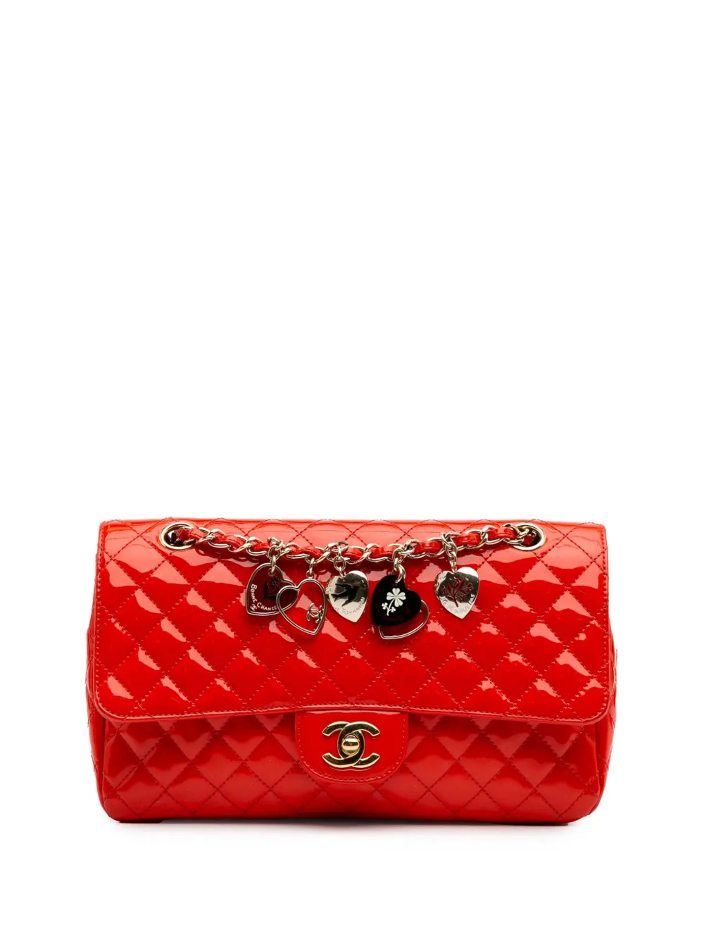 CHANEL Pre-Owned 2009-2010 ミディアム クラシック パテント バレンタイン ハートチャーム シングルフラップ CHANEL Pre-Owned 2009-2010 ミディアム クラシック パテント バレンタイン ハートチャーム シングルフラップ