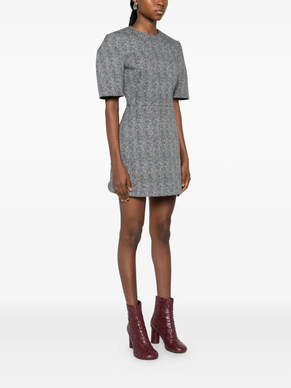 Givenchy Short-sleeve Herringbone Mini Dress In Gray