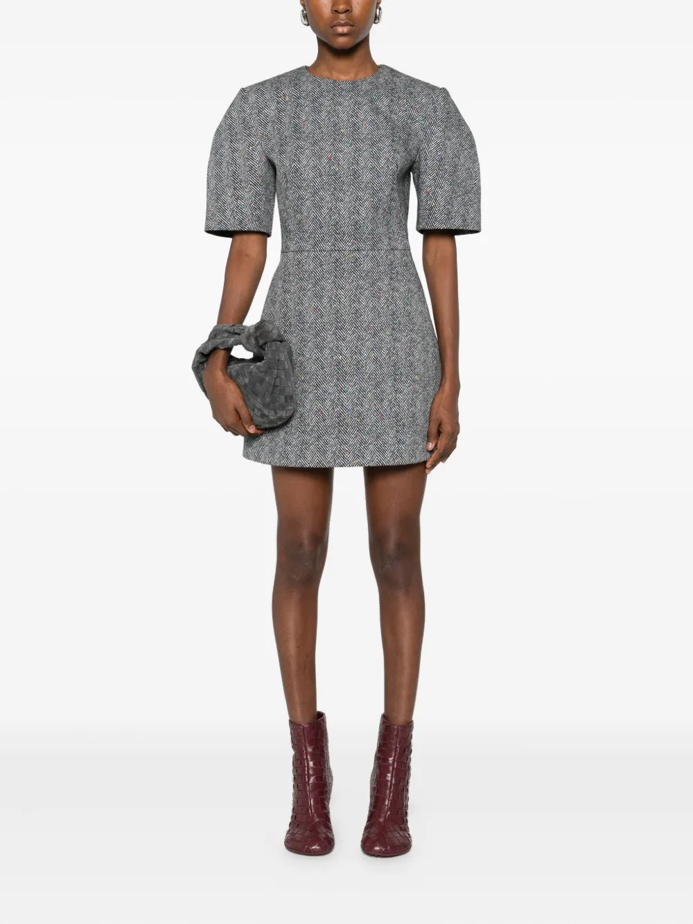 Givenchy Short-sleeve Herringbone Mini Dress In Gray