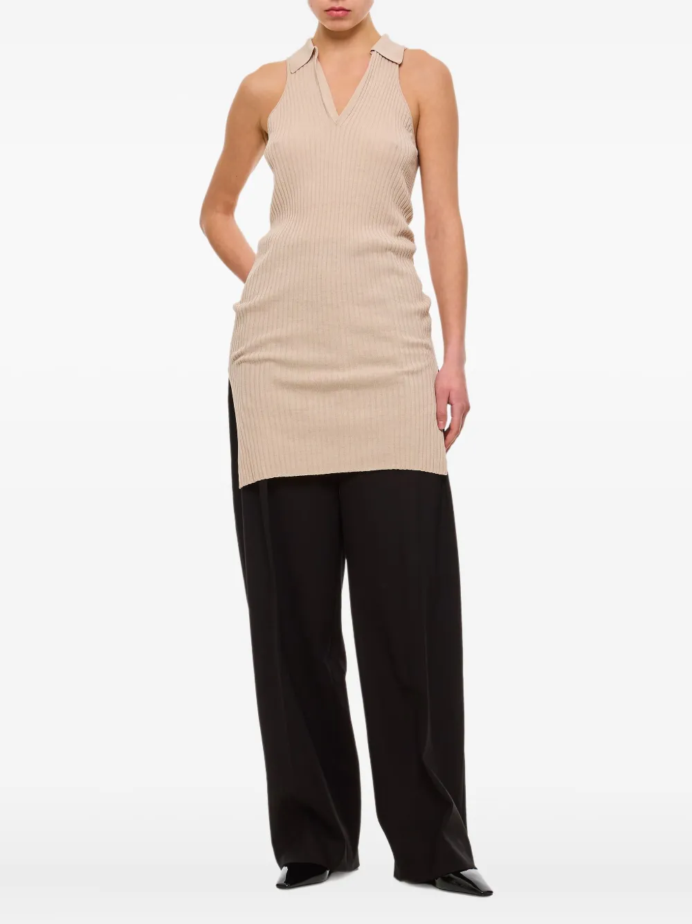 QUIRA Geribbelde tanktop met zijsplit Beige