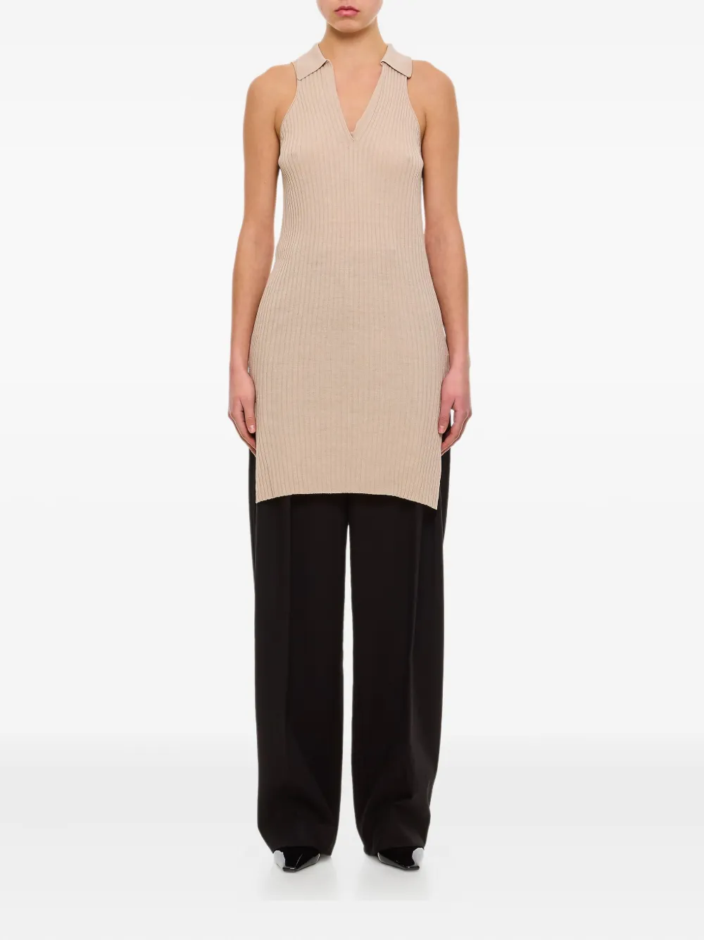 QUIRA Geribbelde tanktop met zijsplit Beige