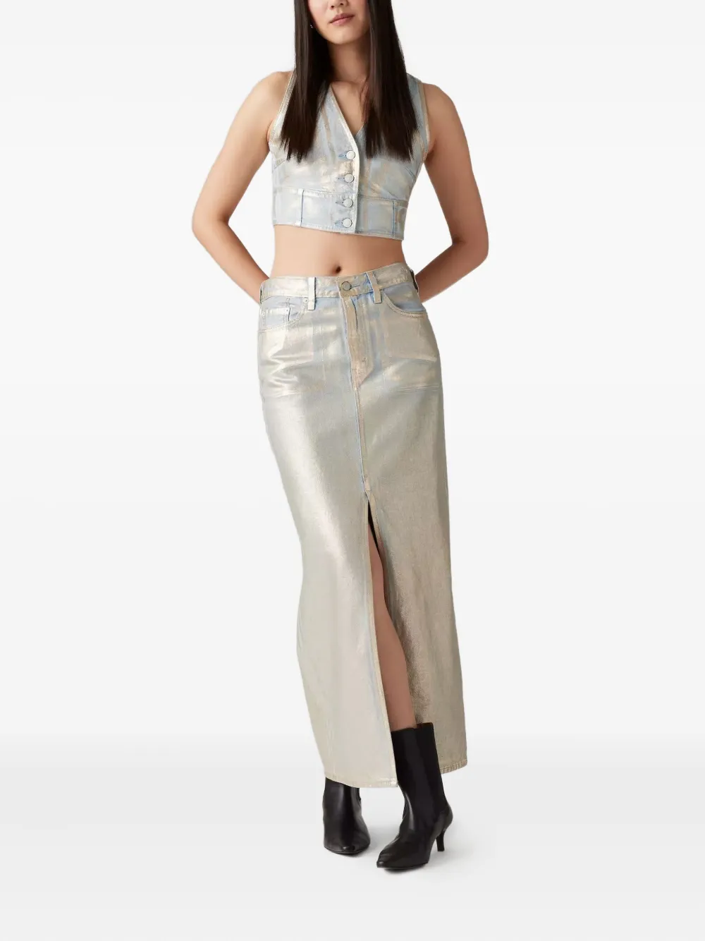 Levi's Zip-fly Logo-patch Midi Skirt In Silver