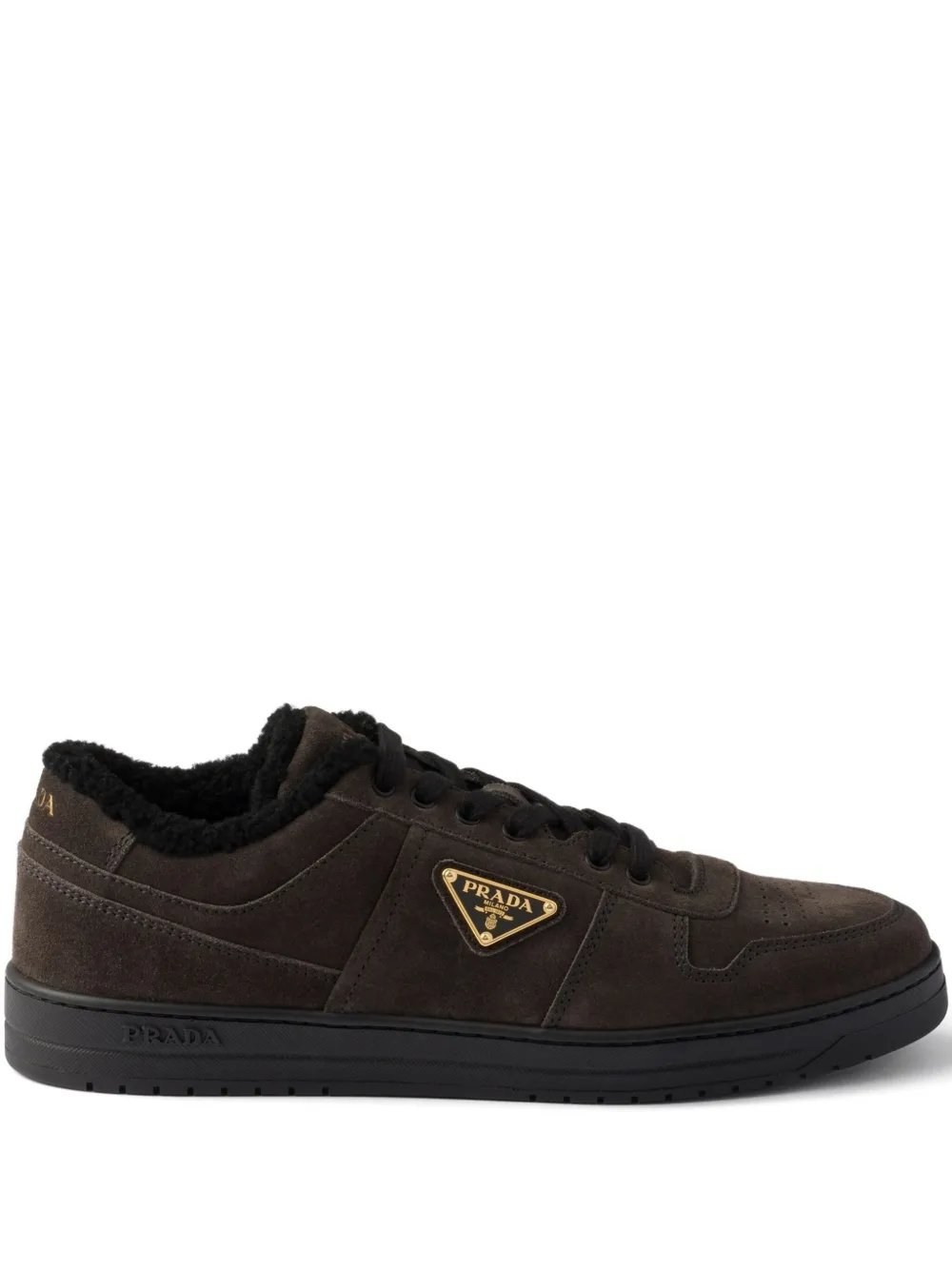 Prada Suède slippers met logo Grijs