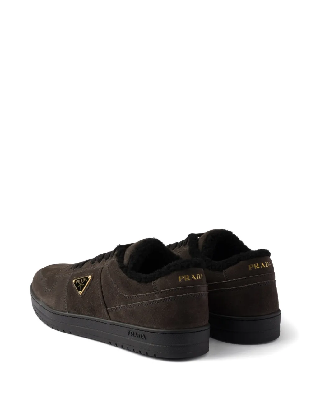 Prada Suède slippers met logo Grijs