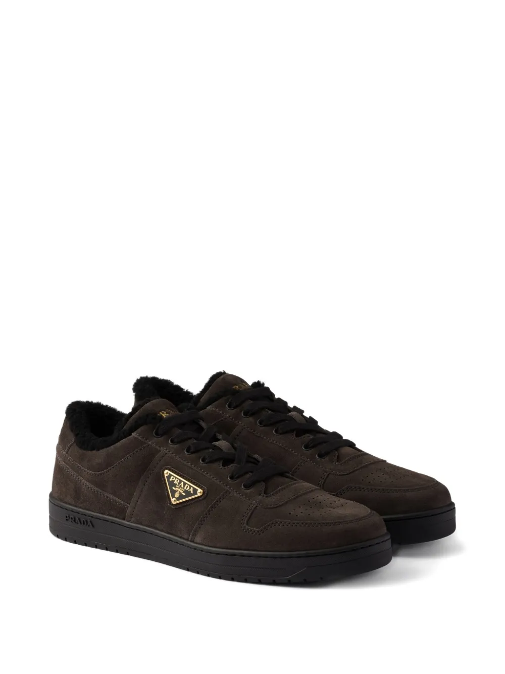 Prada Suède slippers met logo Grijs