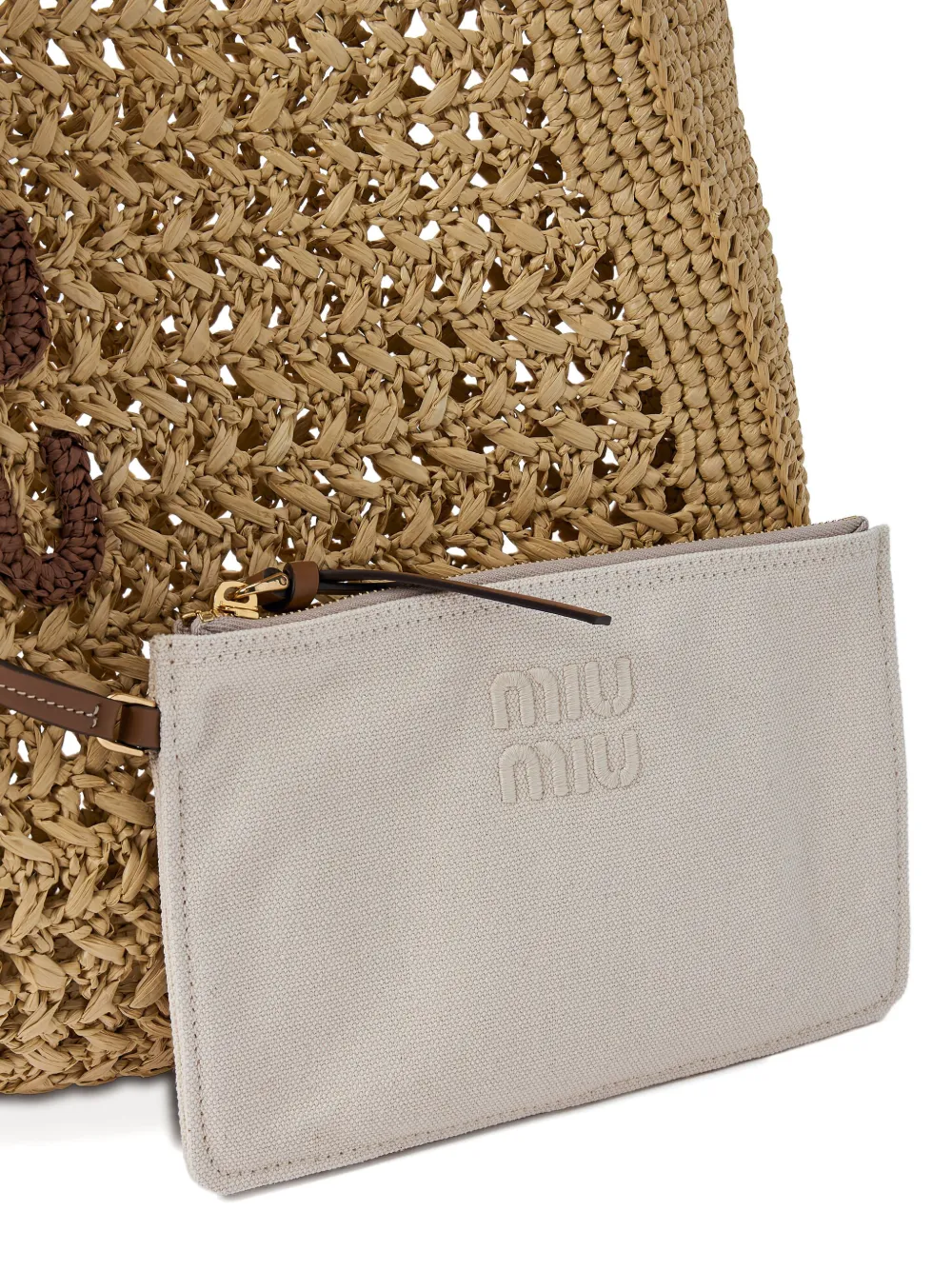Miu logo-patch crochet tote bag Beige