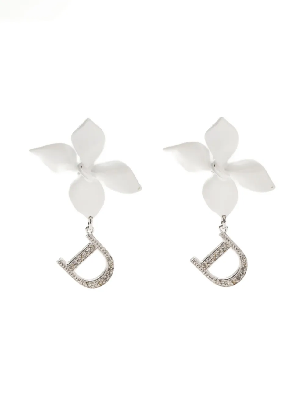 Pre-owned Dior 2000-2010s Flower-rhinestone Clip-on Swing Earrings
