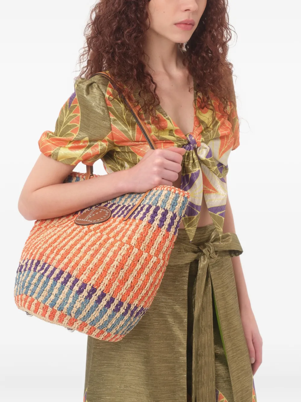 Valentino Garavani VLogo gestreepte raffia shopper - Oranje