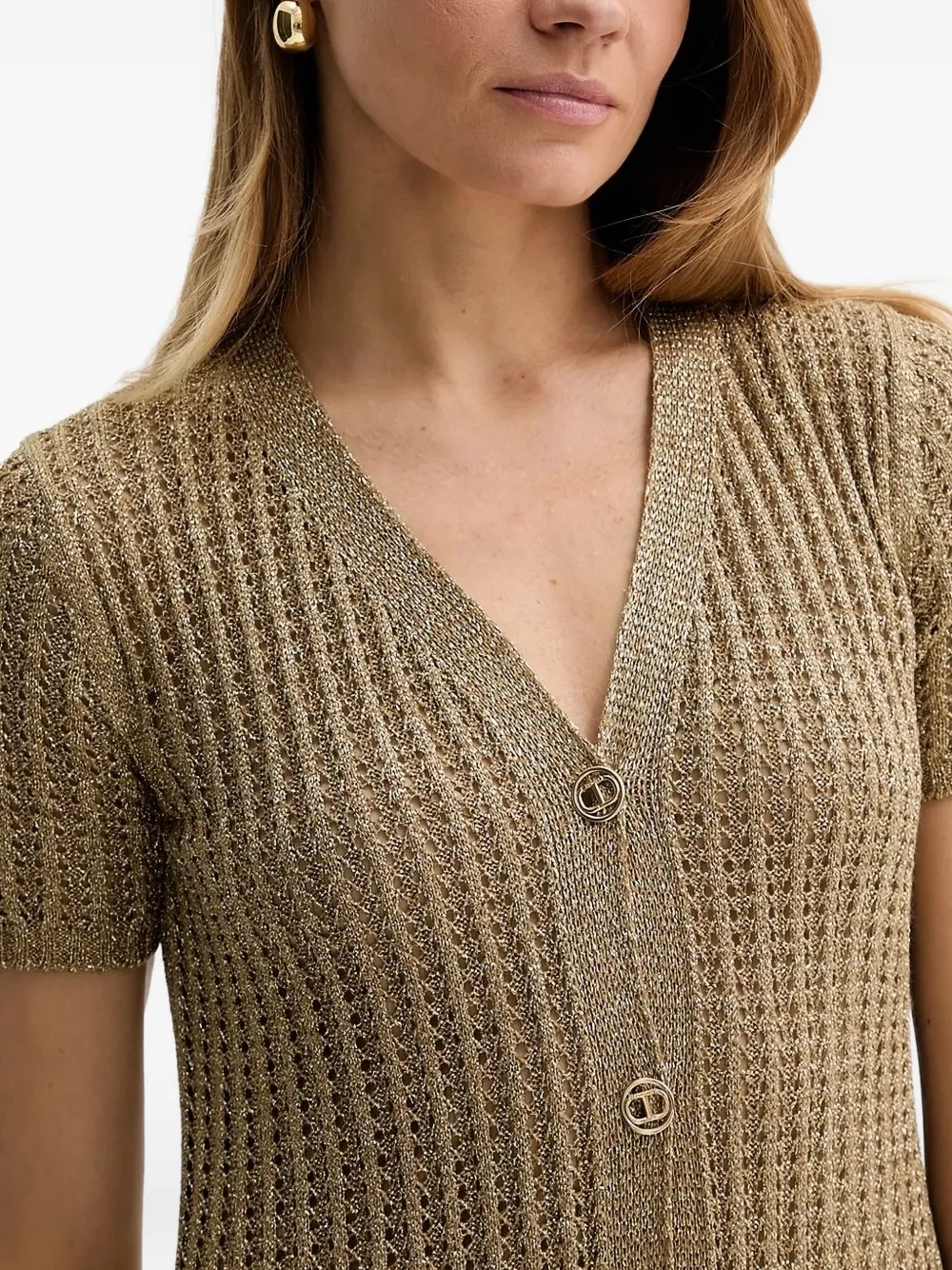 Twinset Metallic-knit Buttoned Midi Dress In Neutral