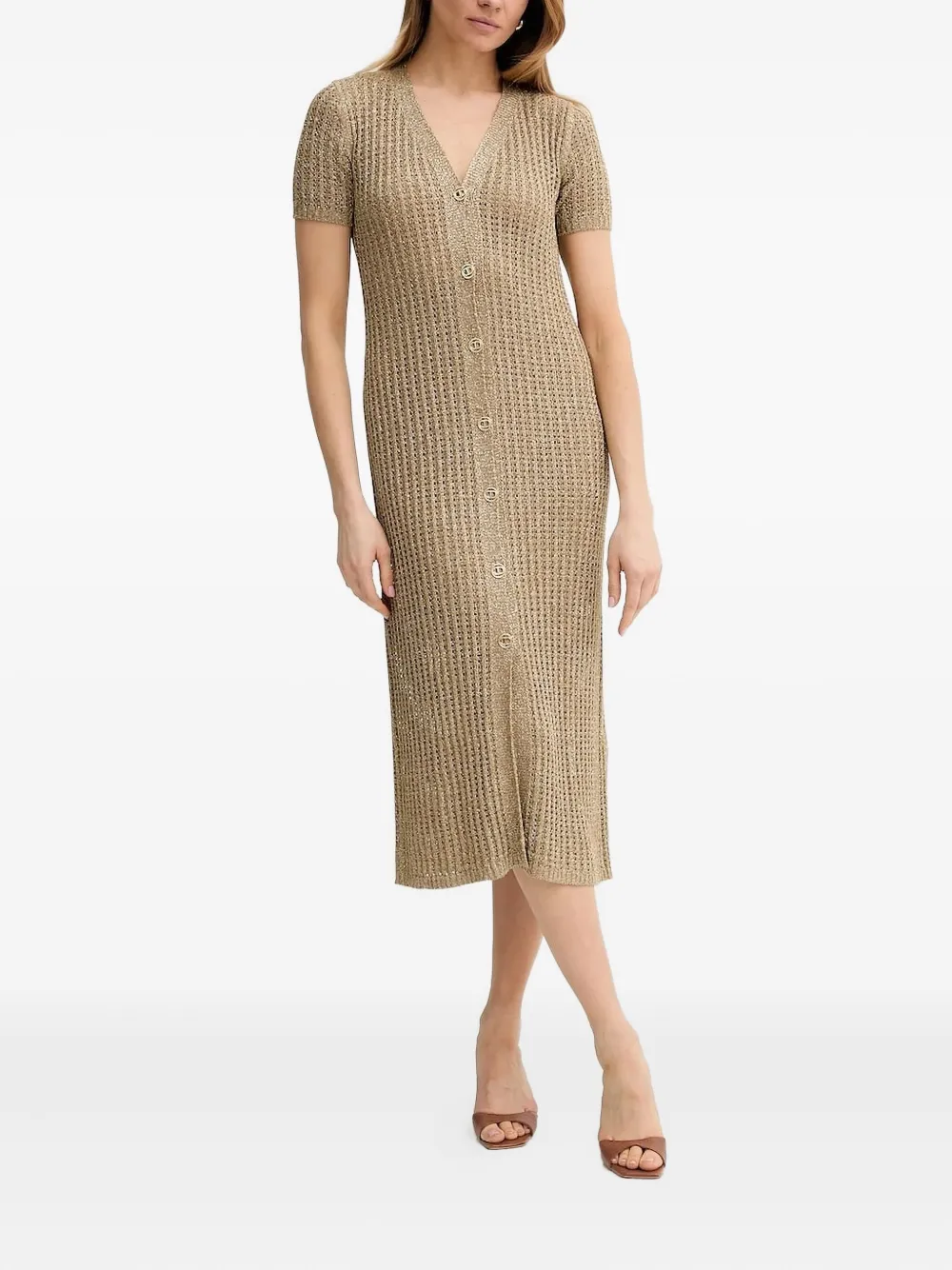 Twinset Metallic-knit Buttoned Midi Dress In Neutral