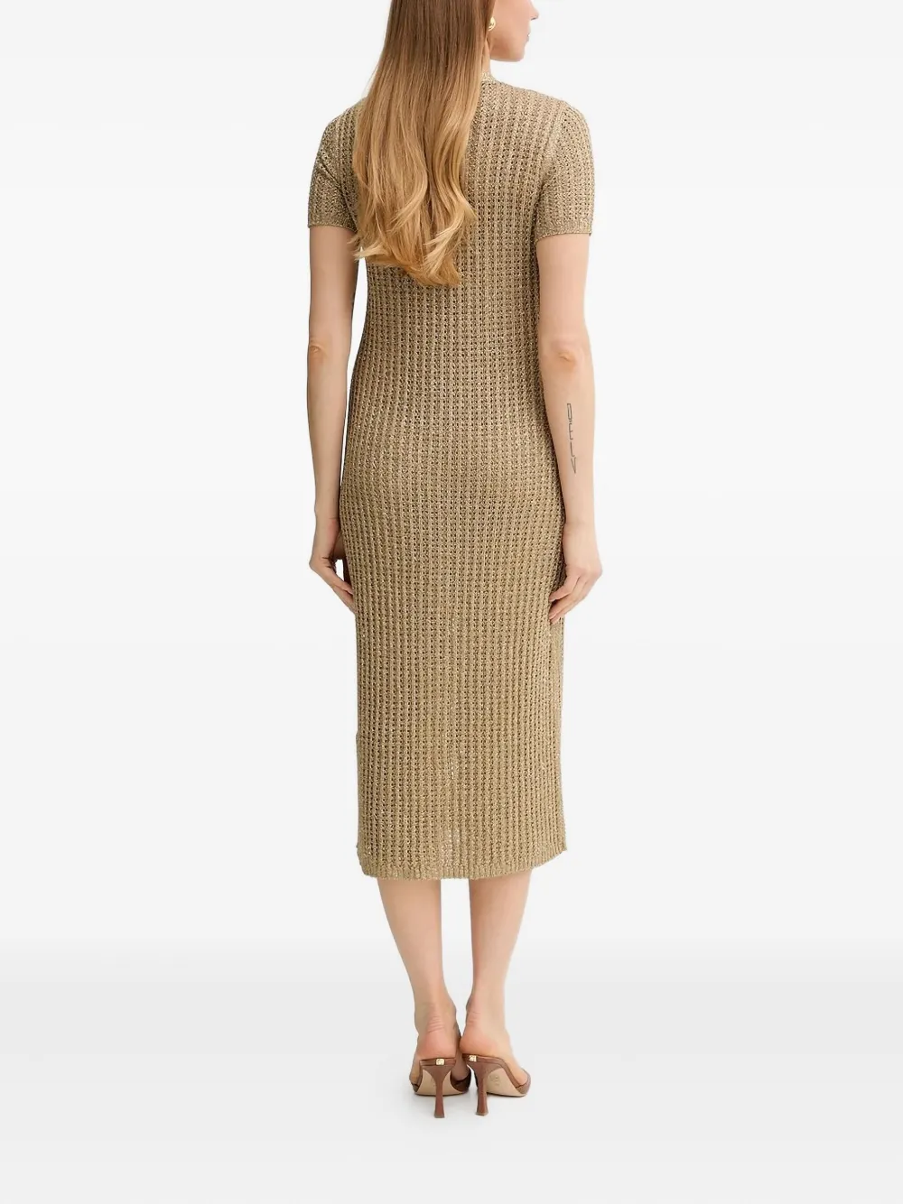 Twinset Metallic-knit Buttoned Midi Dress In Neutral