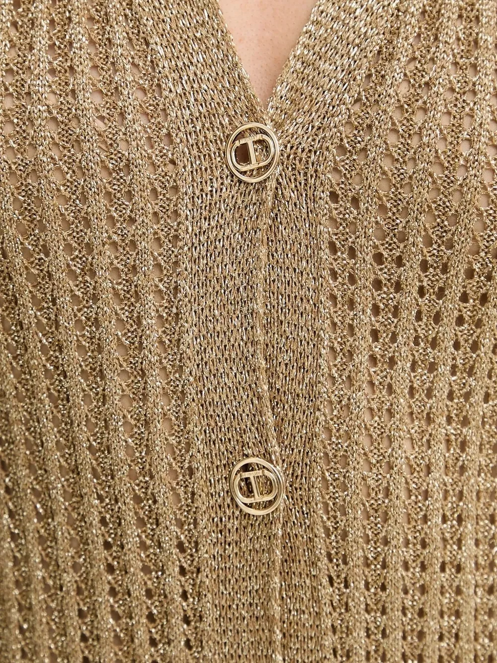Twinset Metallic-knit Buttoned Midi Dress In Neutral