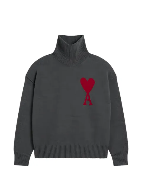 AMI Paris pull en laine à col cheminée gris avec Ami de Cœur