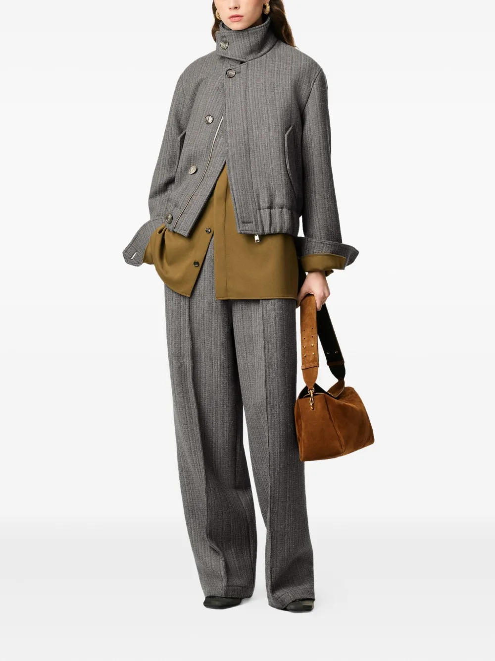 AMI Paris Elastische broek met visgraatpatroon Bruin