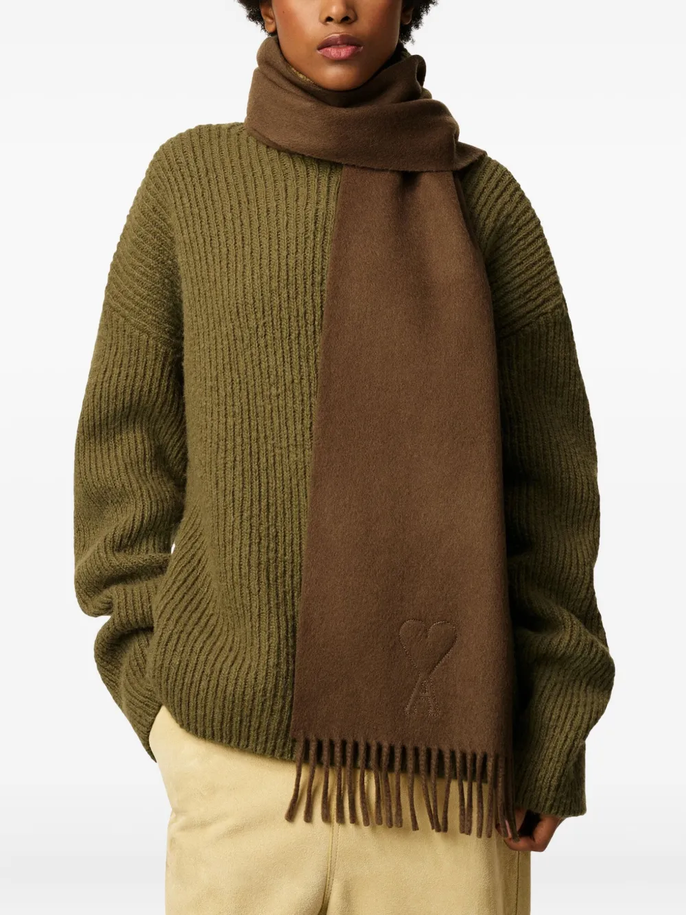 Ami Alexandre Mattiussi Embossed Ami De Coeur Fringed Scarf In Brown