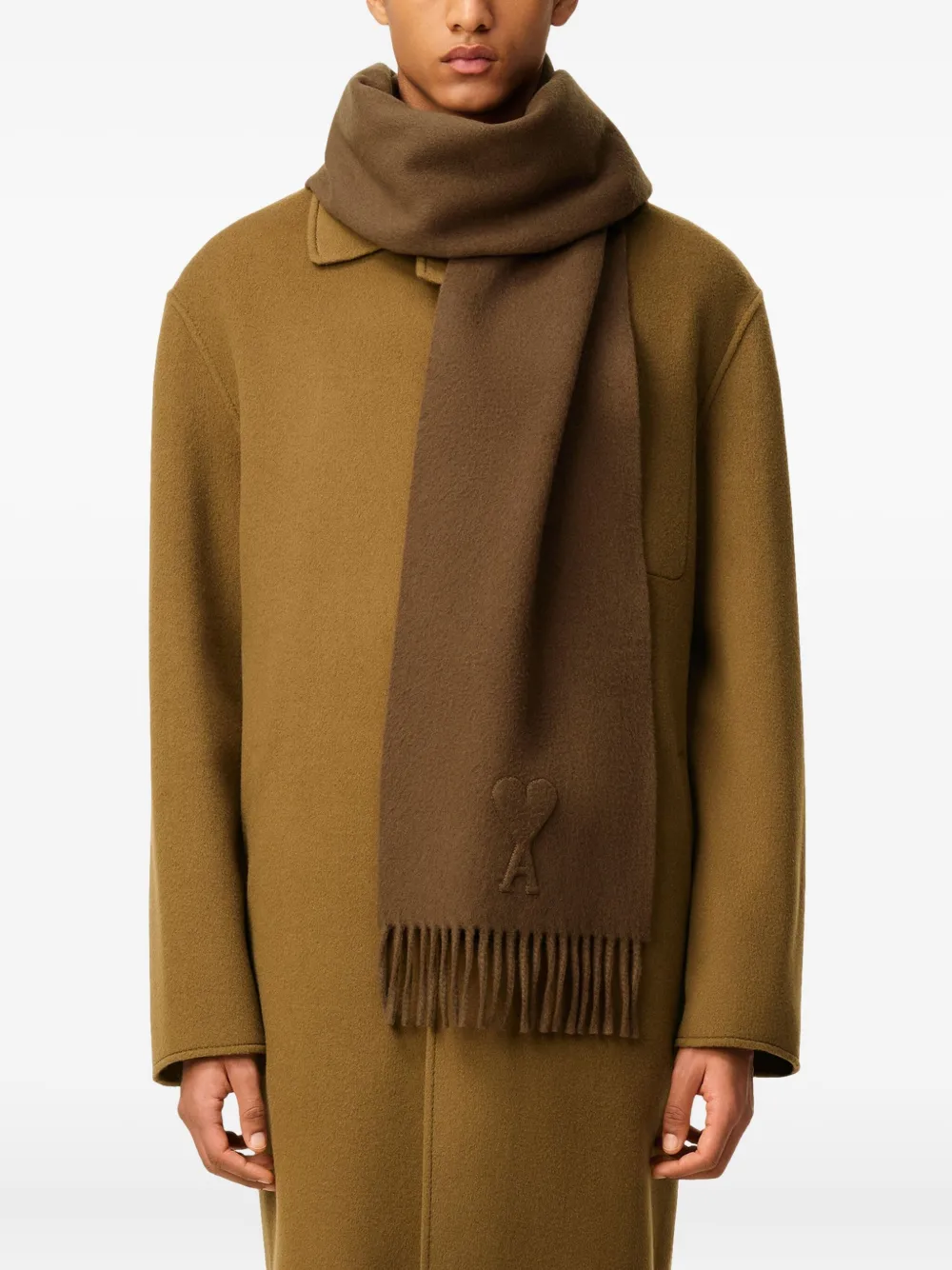Ami Alexandre Mattiussi Embossed Ami De Coeur Fringed Scarf In Brown