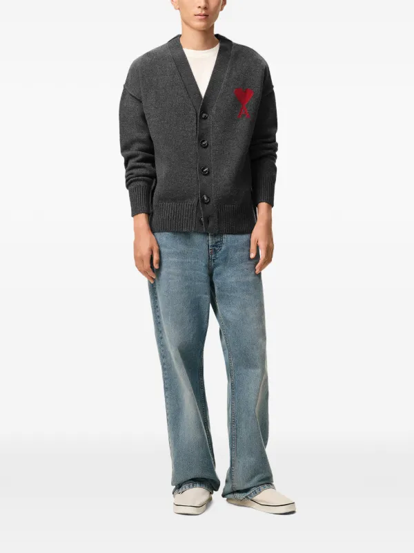 AMI Paris Ami De Coeur V-neck Cardigan | Grey | FARFETCH