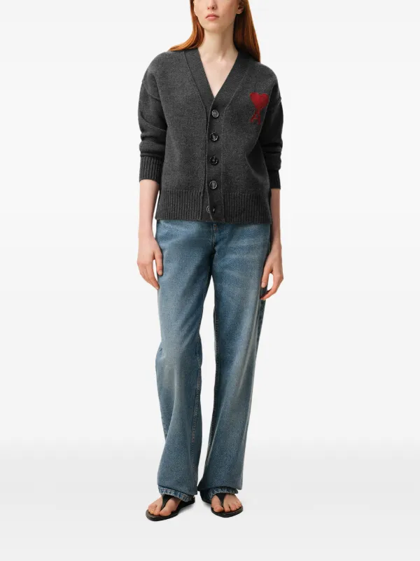 AMI Paris Ami De Coeur V-neck Cardigan | Grey | FARFETCH AU