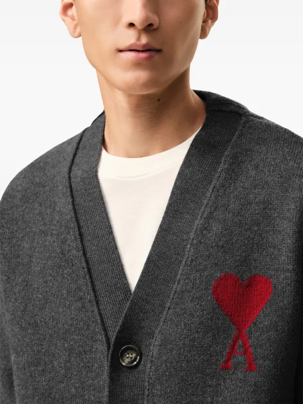 AMI Paris Ami De Coeur V-neck Cardigan | Grey | FARFETCH AU