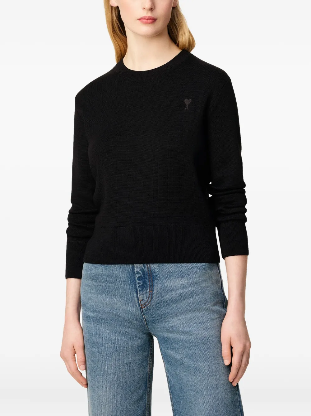 AMI Paris Trui met geborduurd hart en ronde hals 0180 BLACK BLACK