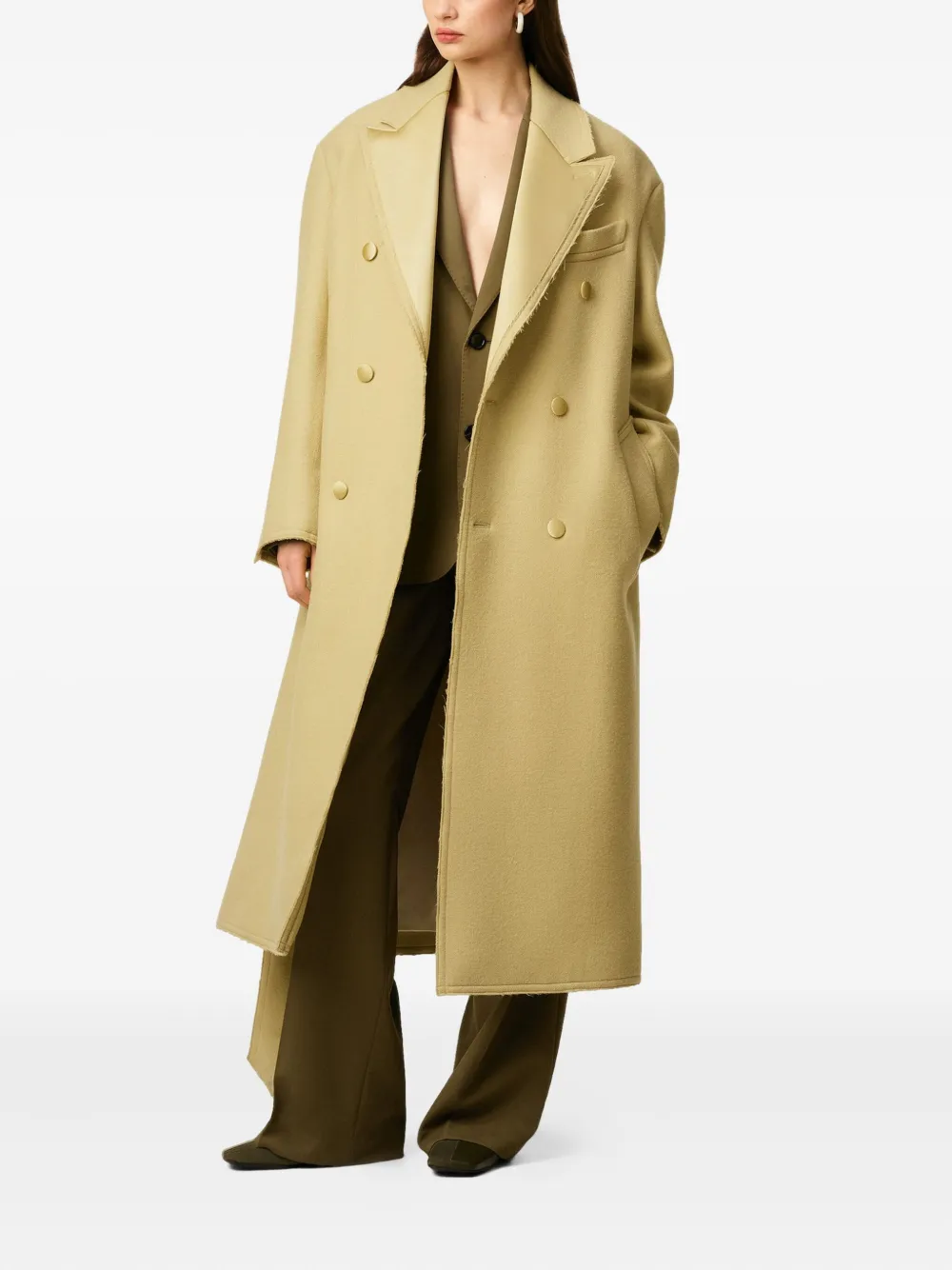 Ami Alexandre Mattiussi Green Wool Double Breasted Long Coat Yellow In Gold
