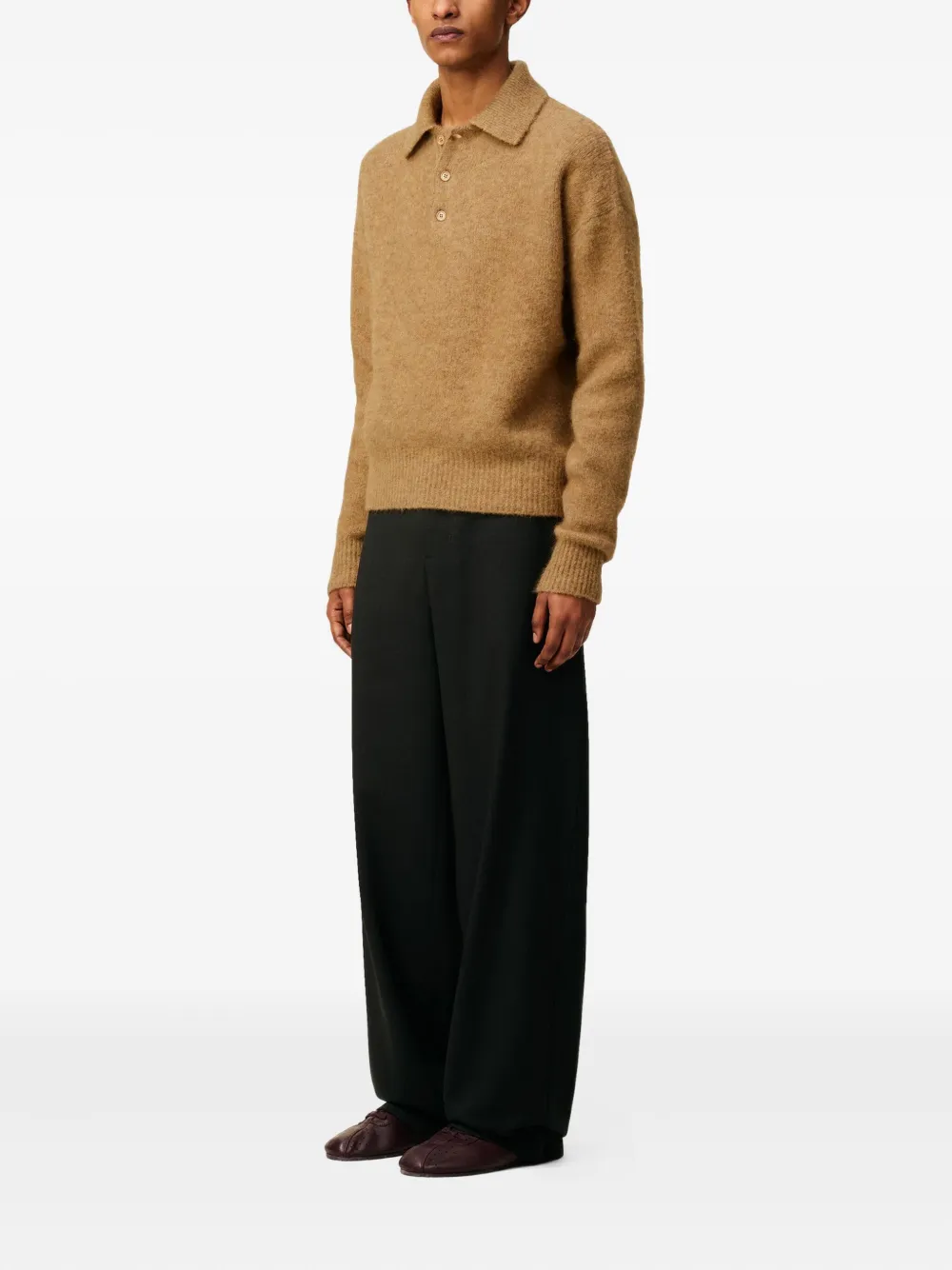 Ami Alexandre Mattiussi Alpaca And Wool Blend Long Sleeve Polo In Brown