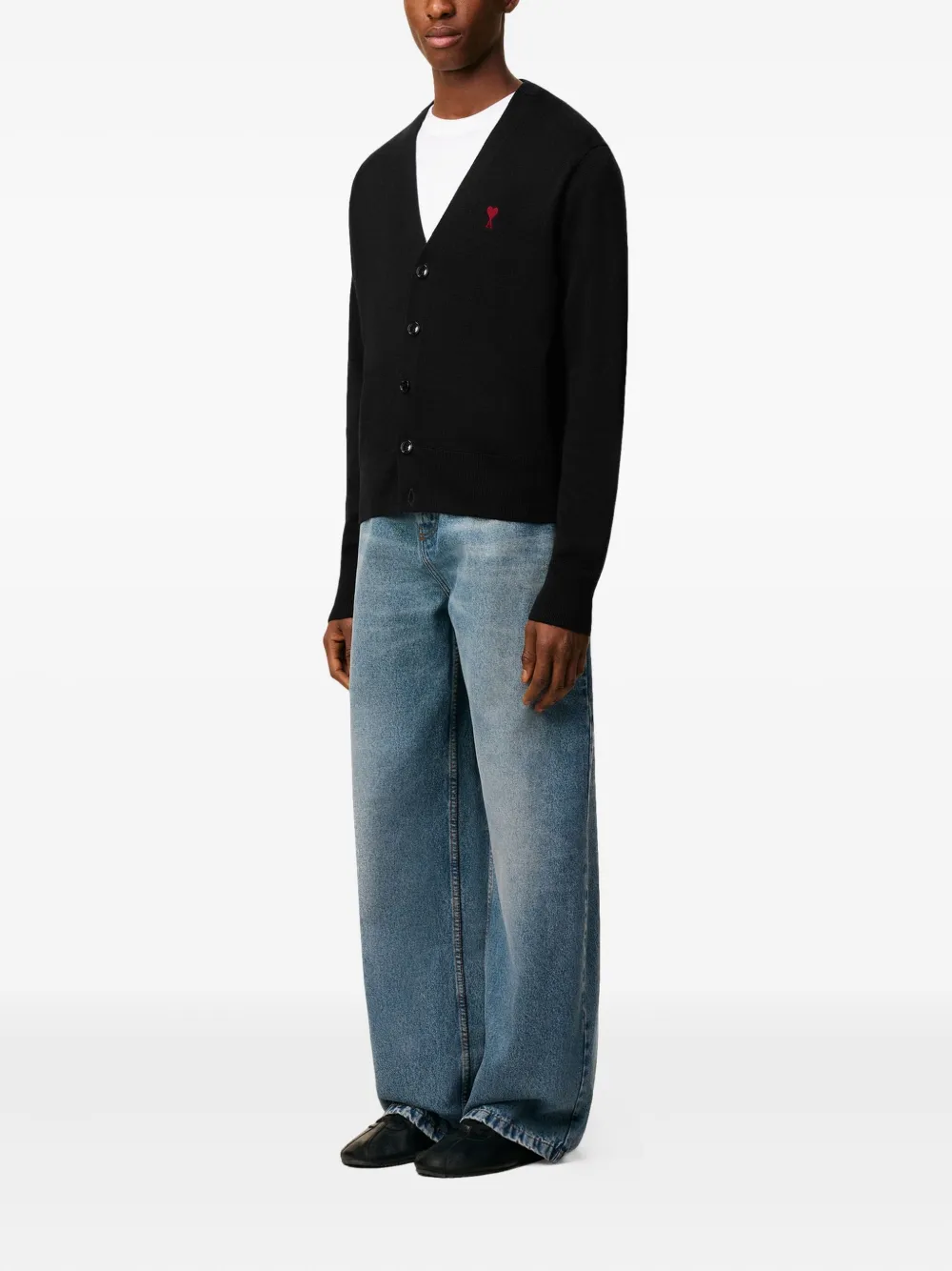Ami Alexandre Mattiussi Heart-embroidered Wool Cardigan In Black