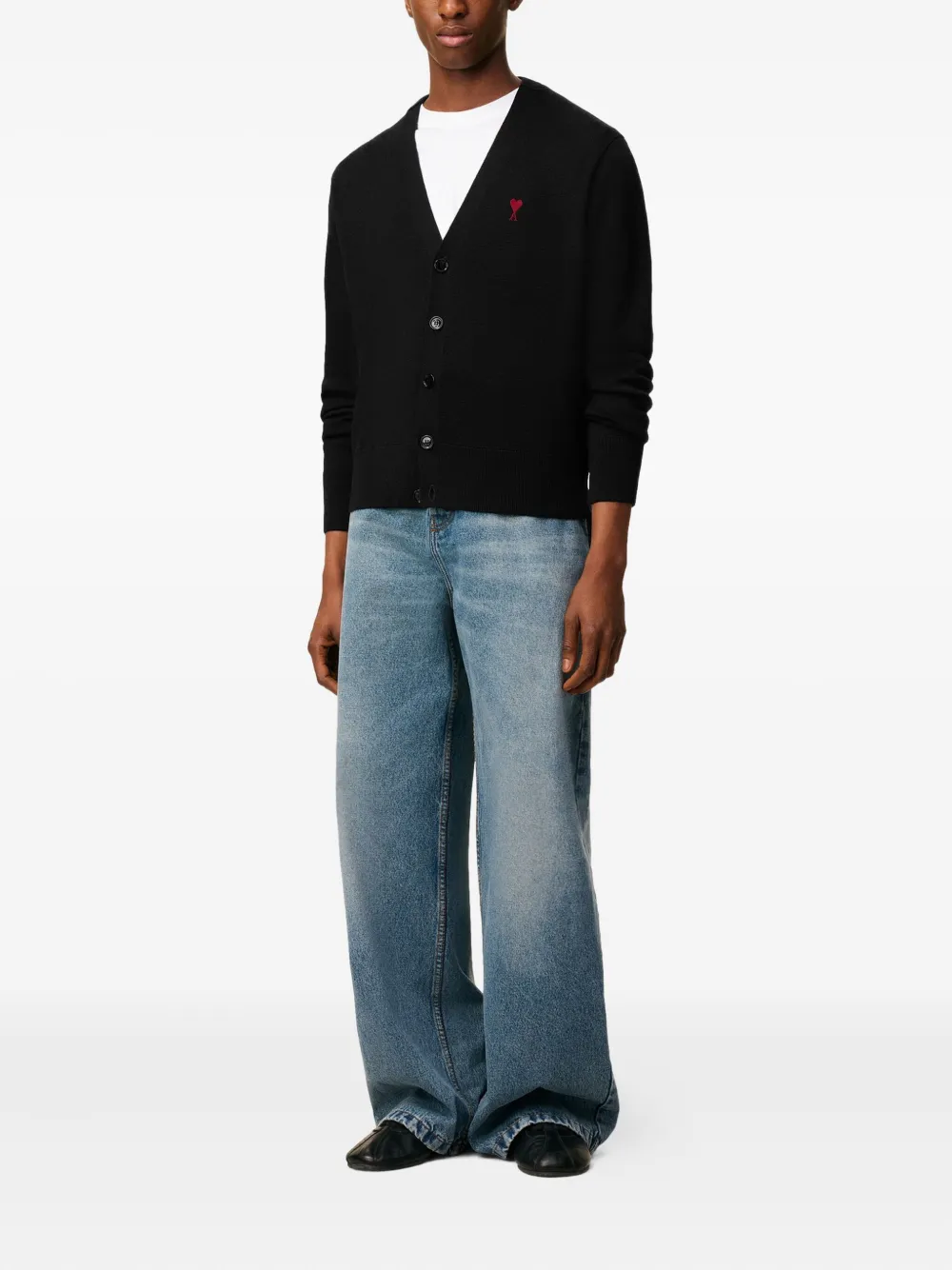 Ami Alexandre Mattiussi Heart-embroidered Wool Cardigan In Black