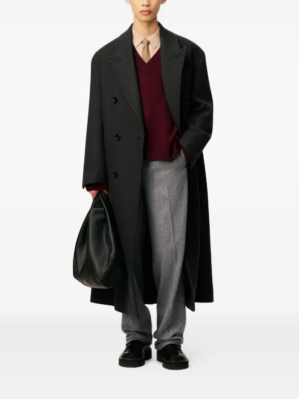 Ami Paris ダブルブレスト コート ブラック ウール スモッキング ダブルブレスト ロングコート アンスラ