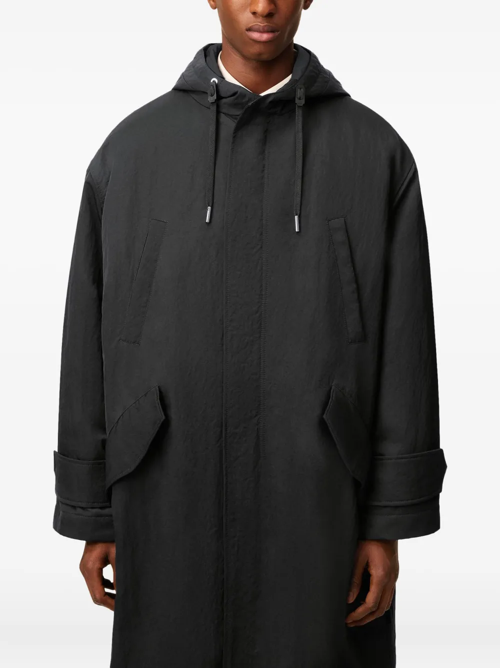 Ami Alexandre Mattiussi Long Grey Polyamide Jacket With Adjustable Hood And Flap Pockets In Gray