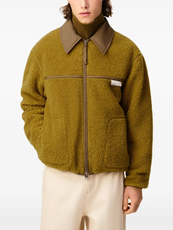 ami paris オリーブグリーン フリースジャケット AMI Paris zip-fastening point-collar Jacket | Green | FARFETCH