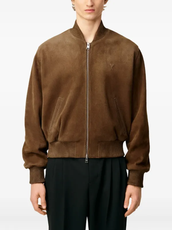AMI Paris Goat Leather Ami De Coeur Zipped Jacket | Brown | FARFETCH