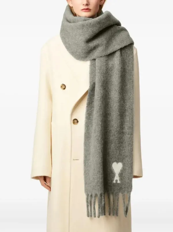 AMI Paris Ami De Coeur Fringed Scarf | Grey | FARFETCH