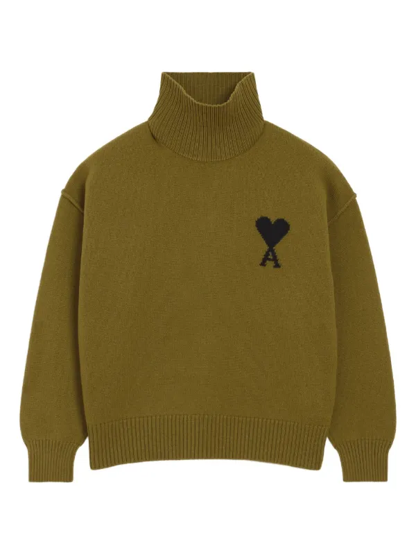 Ami Paris Ami De Coeur Funnel Neck Sweater in Green