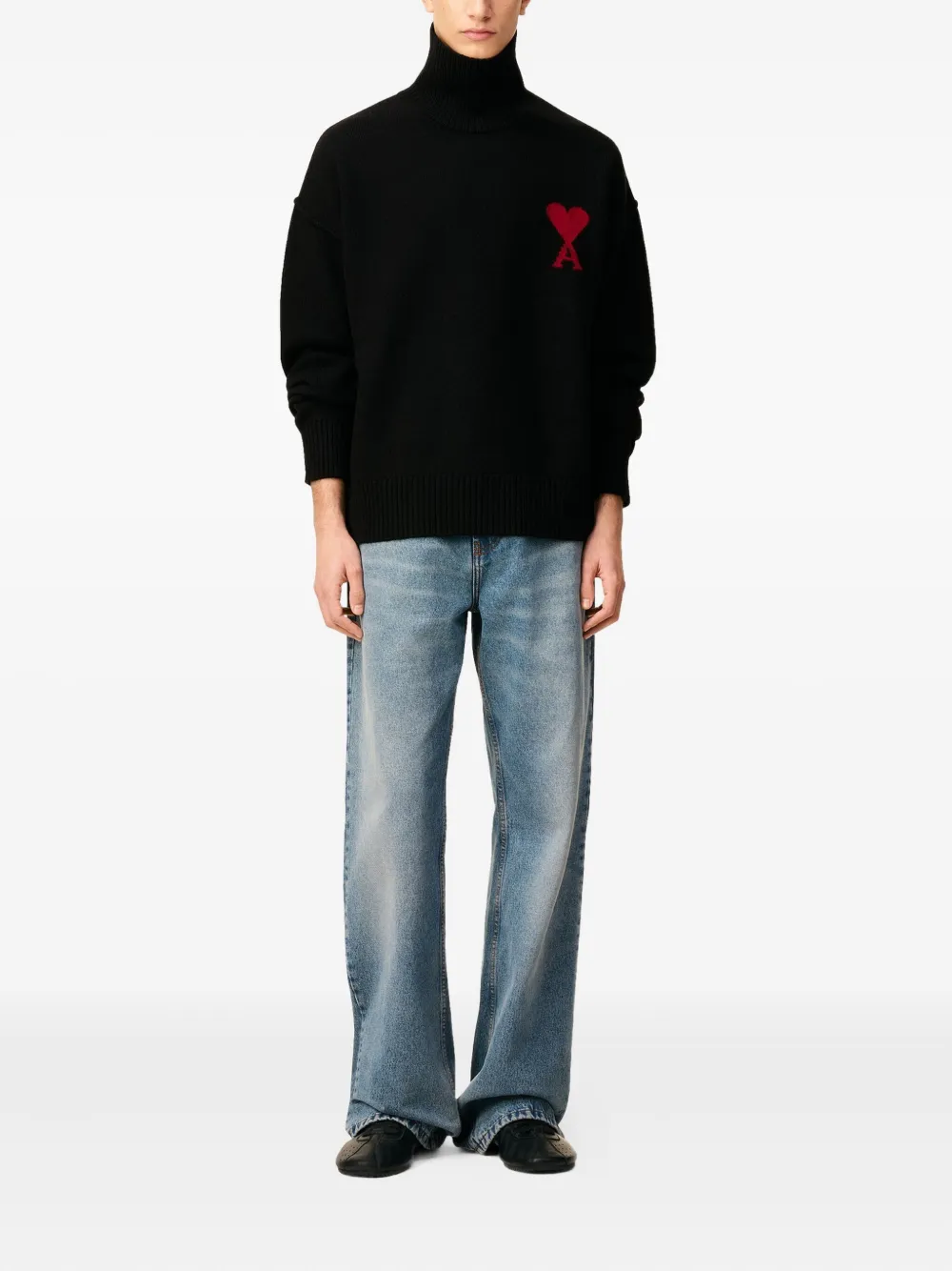 AMI Paris Trui met trechterhals en hart intarsia Zwart