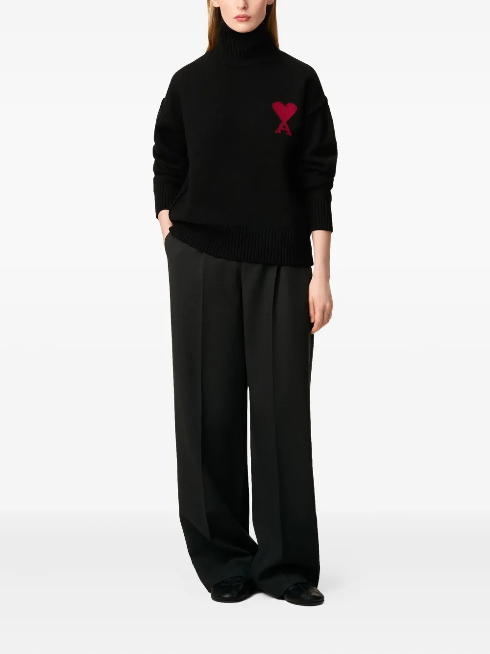 AMI Paris Trui met trechterhals en hart intarsia Zwart